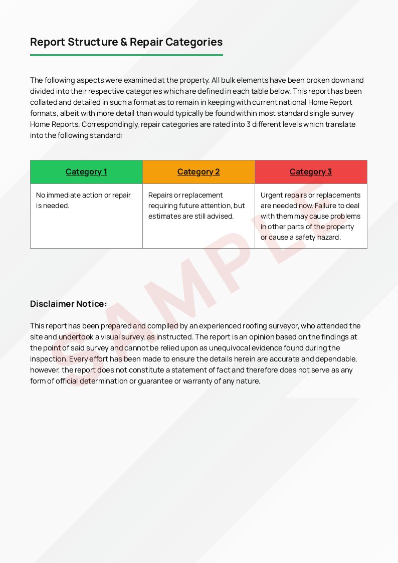 Sample roof survey report, page 3: Report structure and repair categories