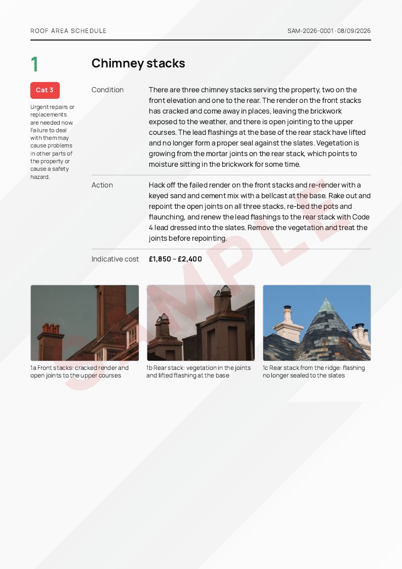 Sample roof survey report, page 5: Area 1: chimney stacks (Cat 3)