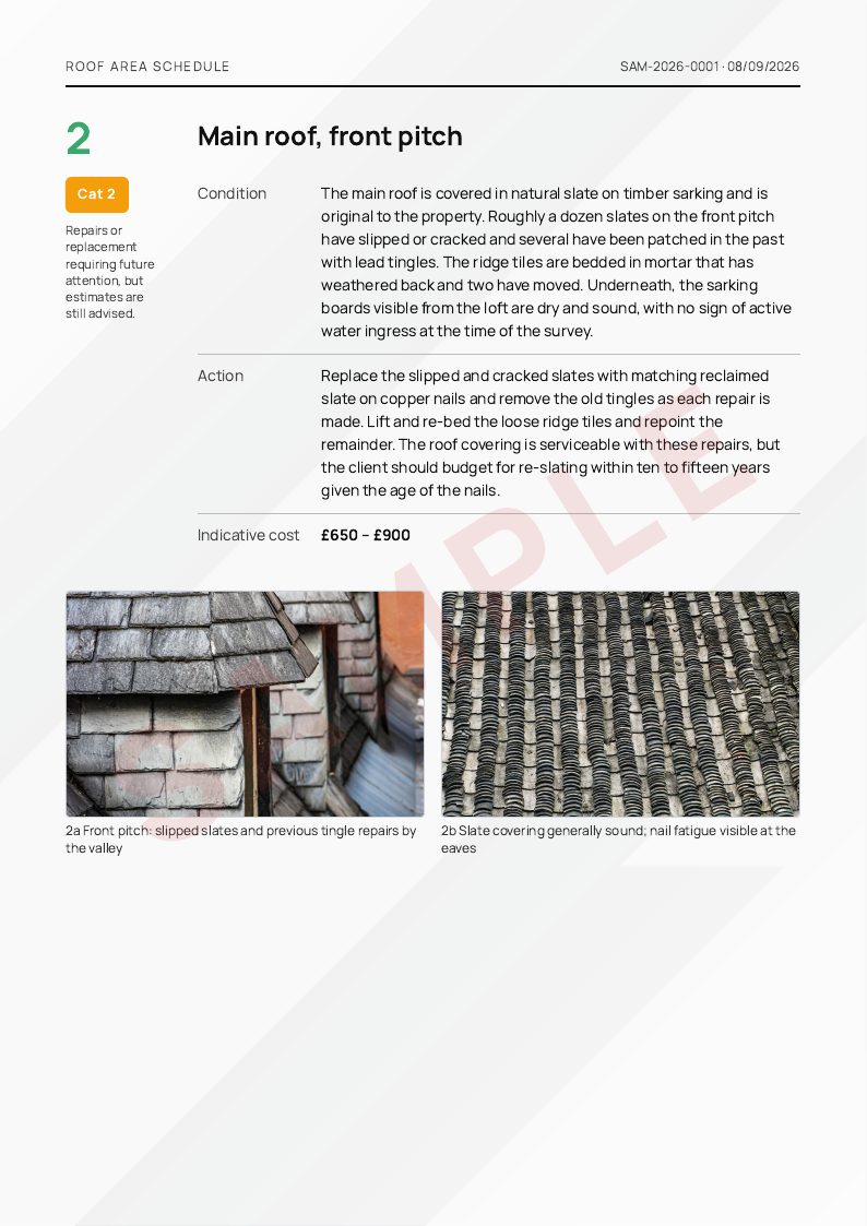 Sample roof survey report, page 6: Area 2: main roof, front pitch (Cat 2)