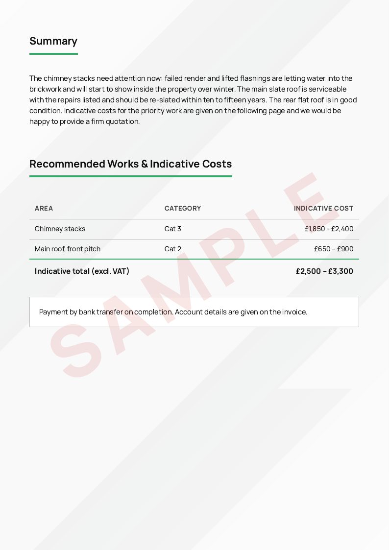 Sample roof survey report, page 8: Summary and recommended works
