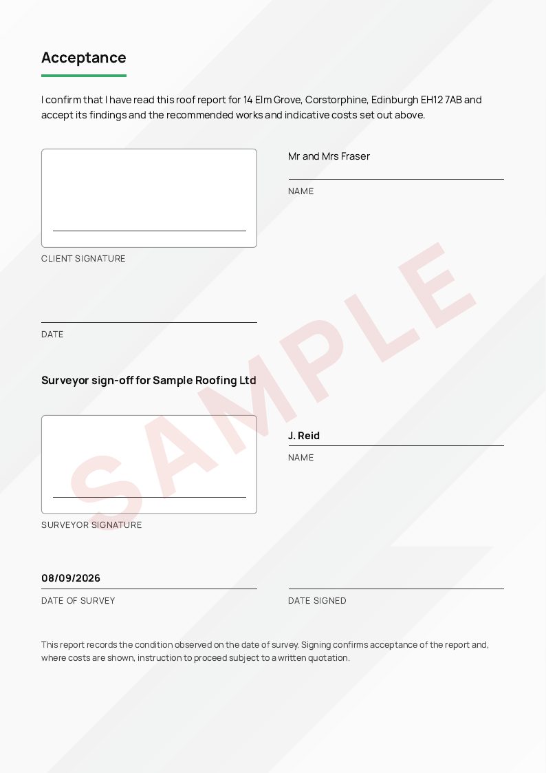 Sample roof survey report, page 9: Acceptance and surveyor sign-off